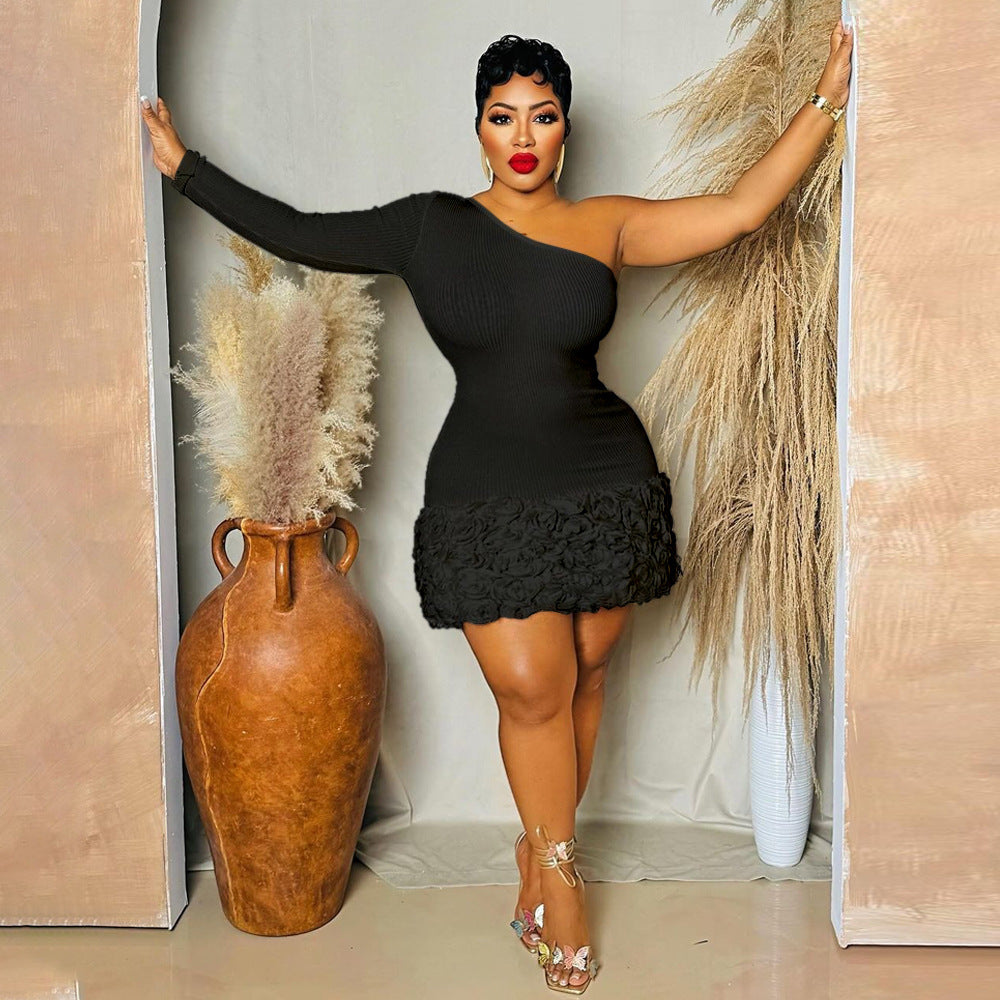 Women Single-Sleeve Ribbed Flower Bodycon Dress