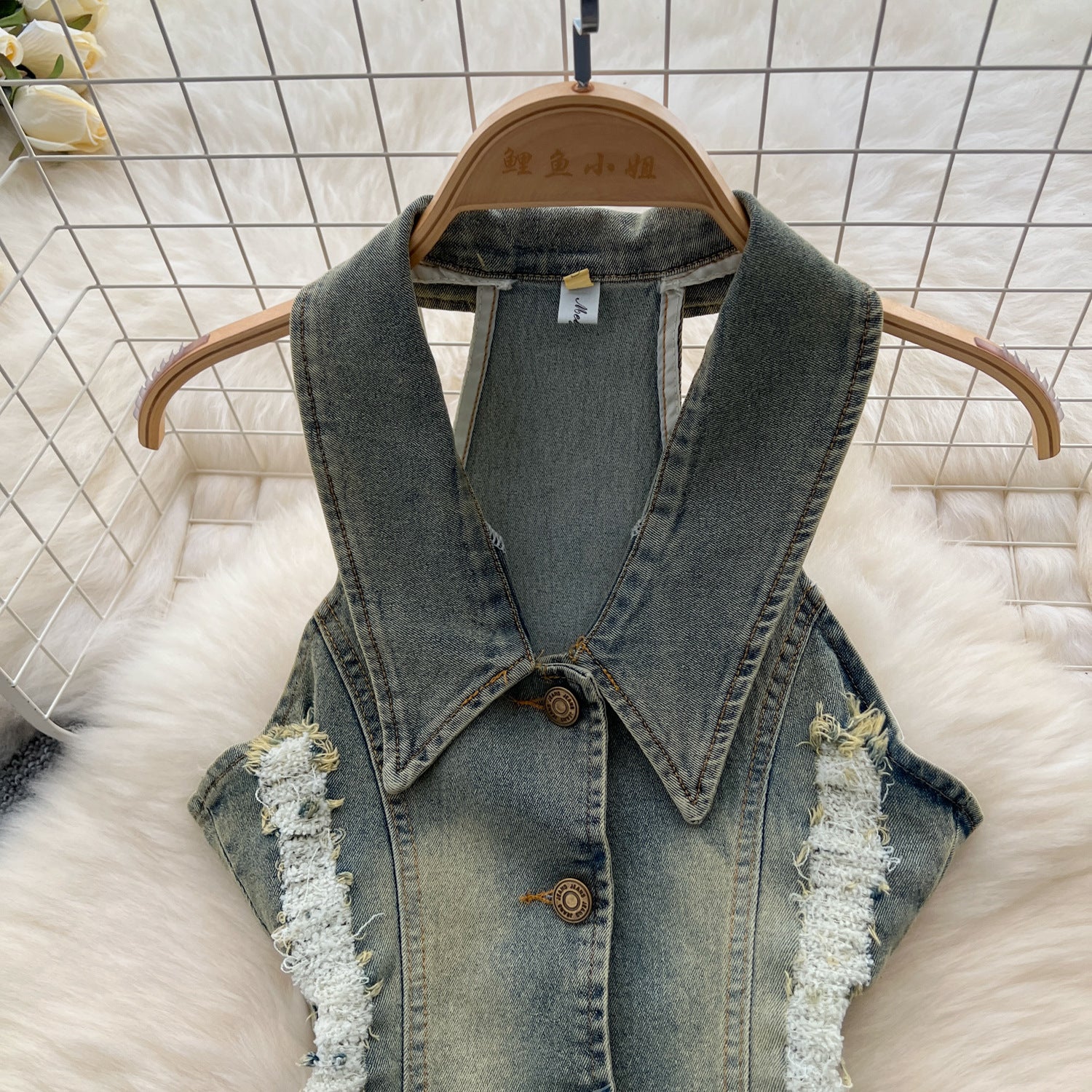 Turn Down Collar Distressed Denim Halter Top Slit Skirt Set 12