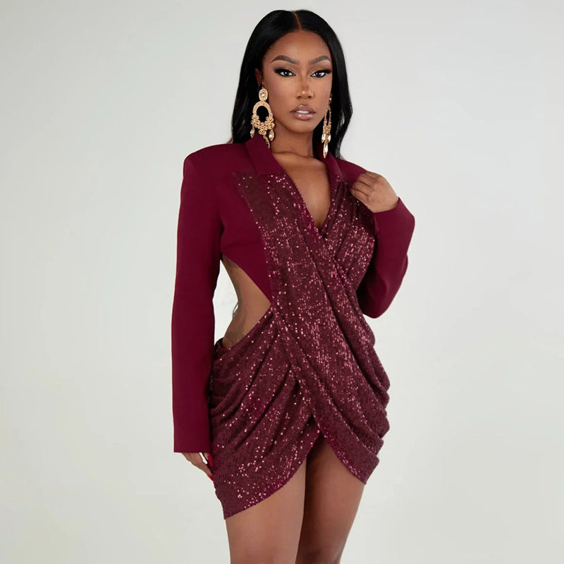 Women Fall Solid Sequined Long-Sleeved Elegant Patchwork Dress 25