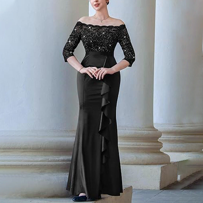 Women Elegant Floral Lace Pleated Slit Maxi Dress 5