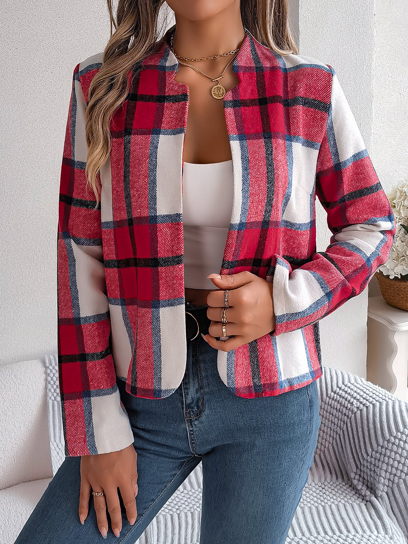 Autumn Winter Casual Plaid Long Sleeve Women Tweed Coat 4