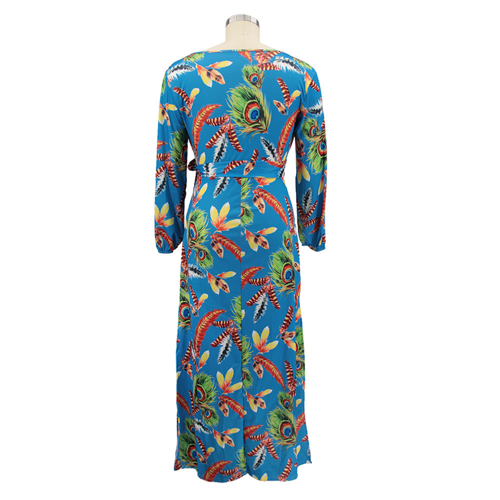 Plus Size Women Feather Print Sexy Slit Dress 20