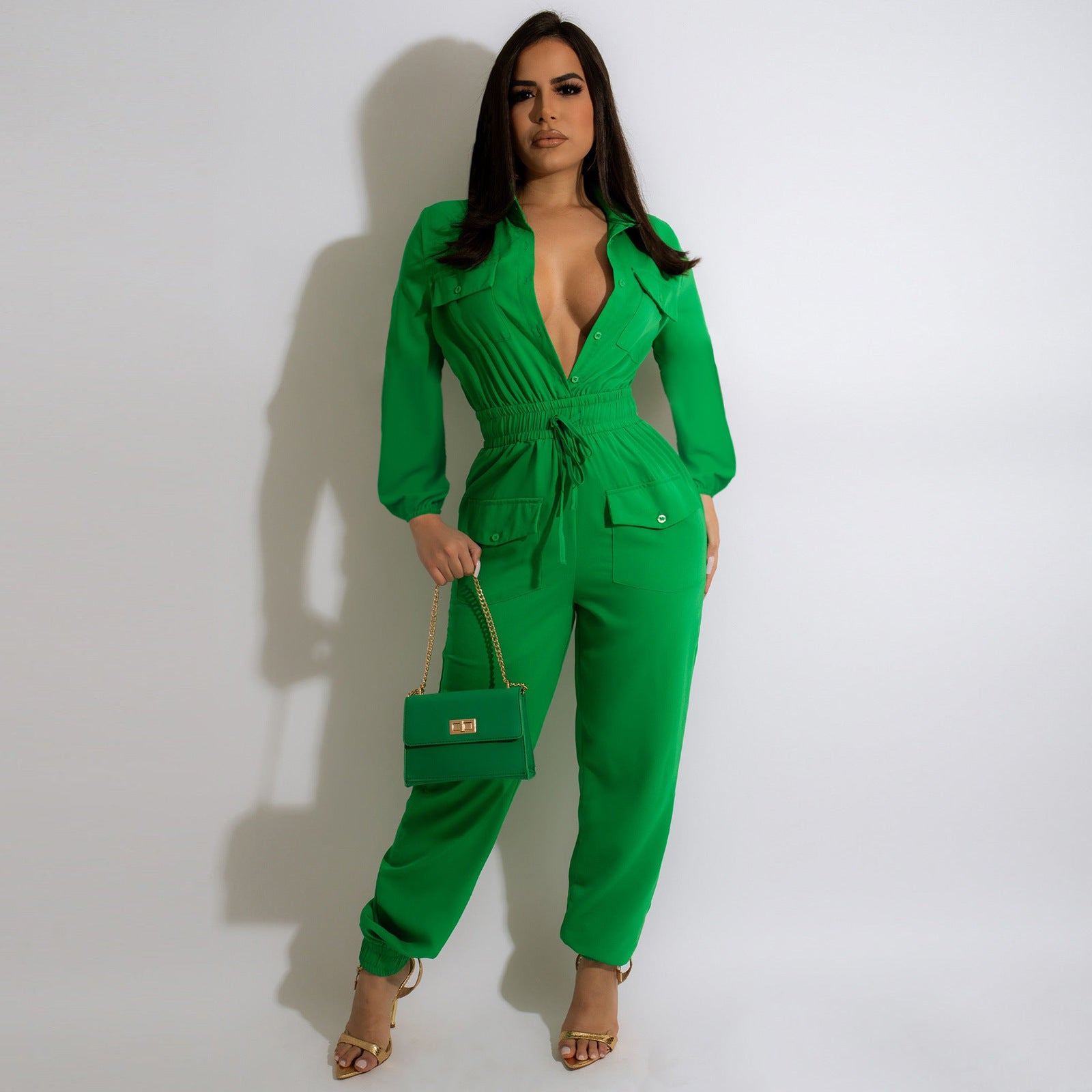 Women'S Classic Casual Solid Long Sleeve Button Up Overall Cargo Jumpsuit 4