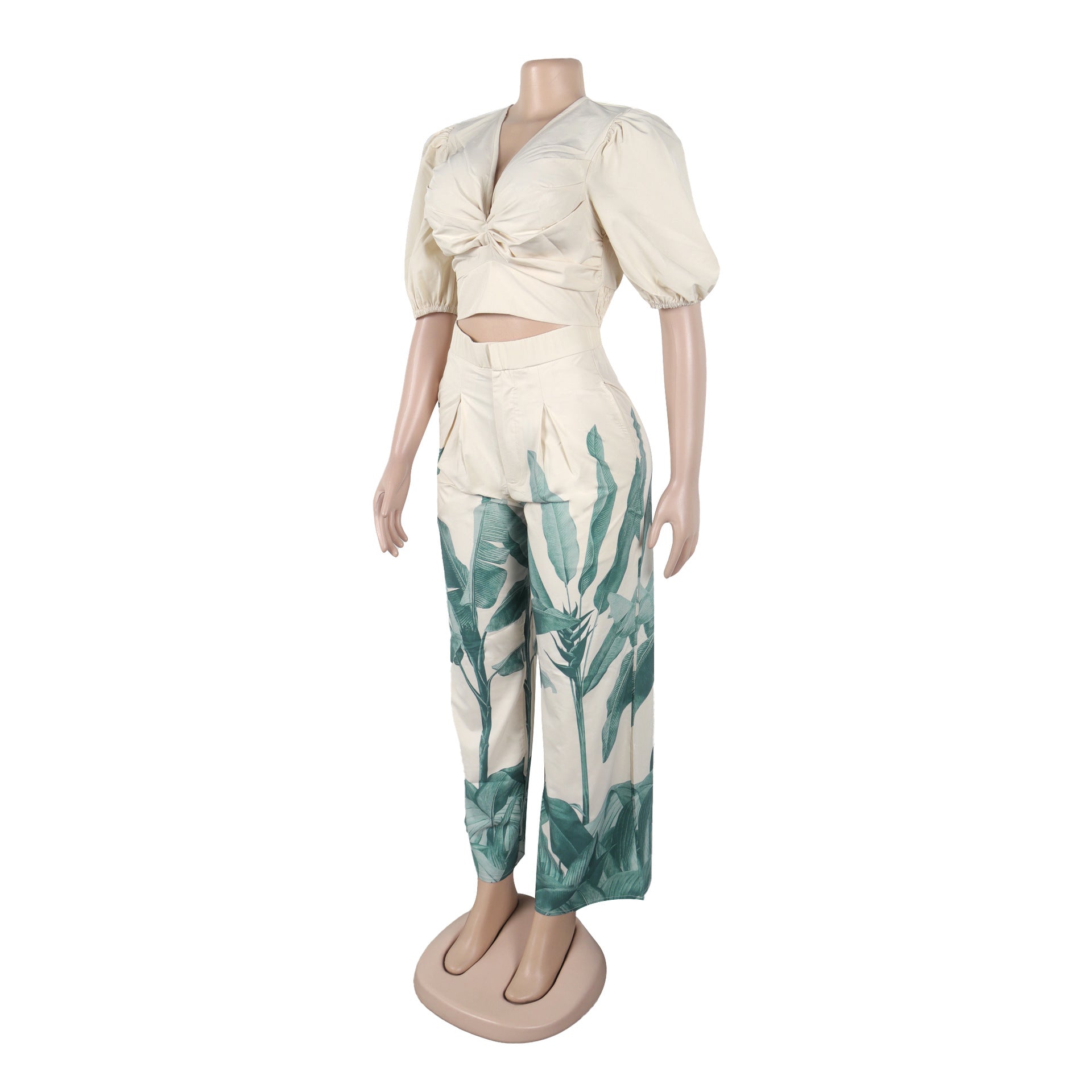 V-Neck Lantern Sleeve Top Printed Wide-Leg Pants Suit 10
