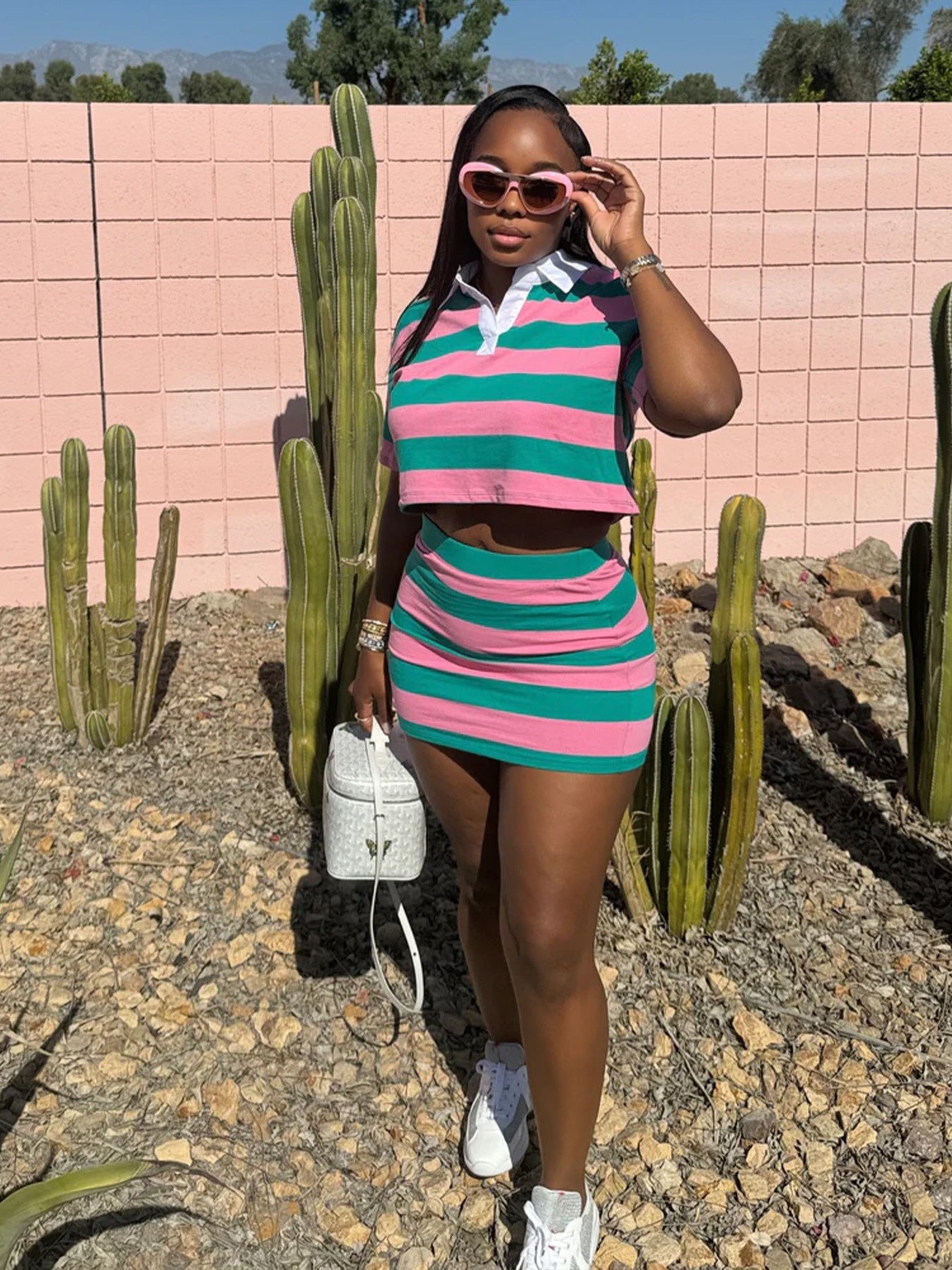 Women Striped Contrast Turndown Collar Crop Top and Bodycon Skirt Two-Piece Set 3