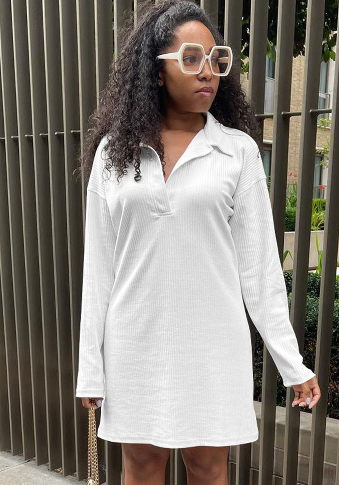 Plus Size Women White Half Open Collar Long Sleeve Dress