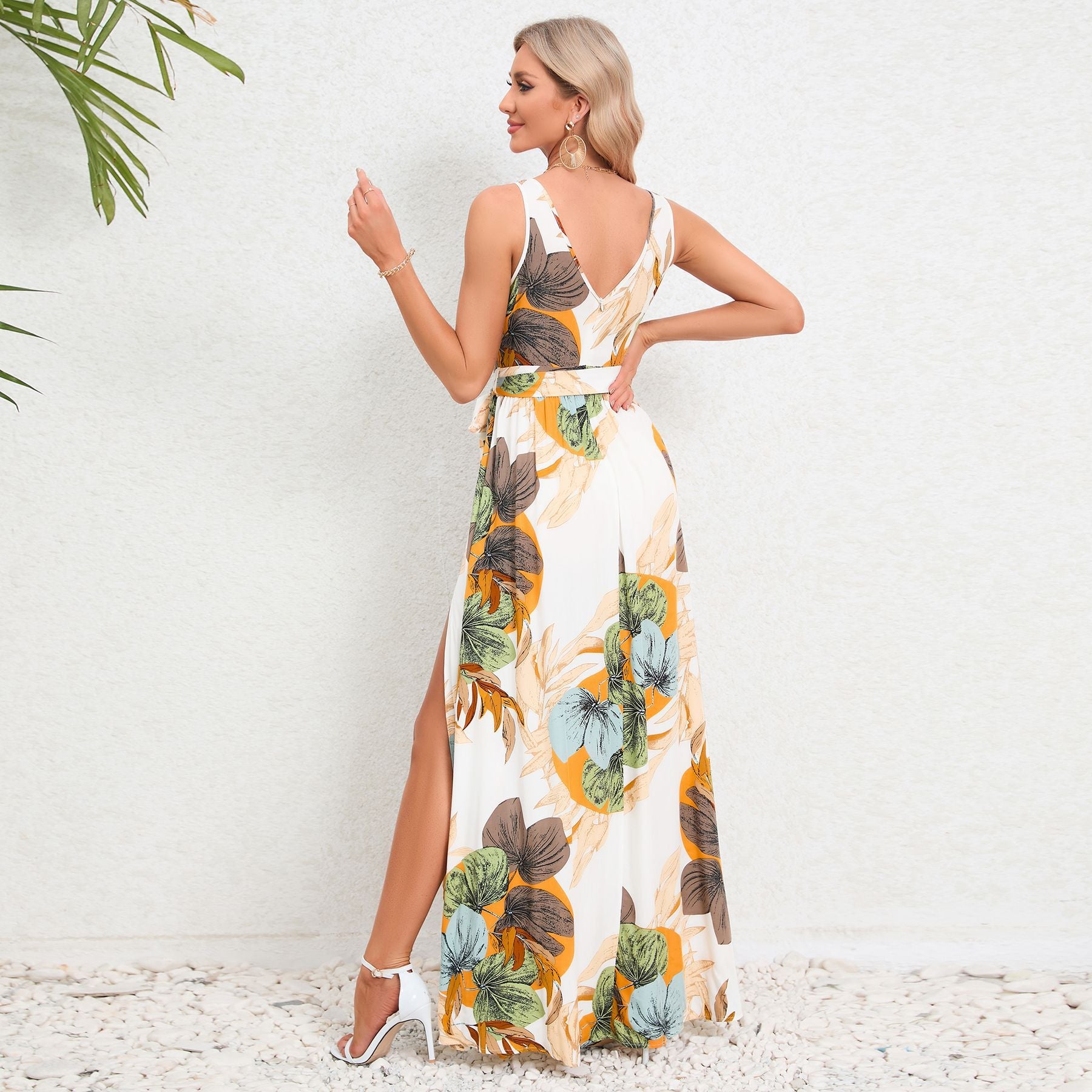 Summer Women's V-Neck Sleeveless Slit Printed Long Strap Dress 17