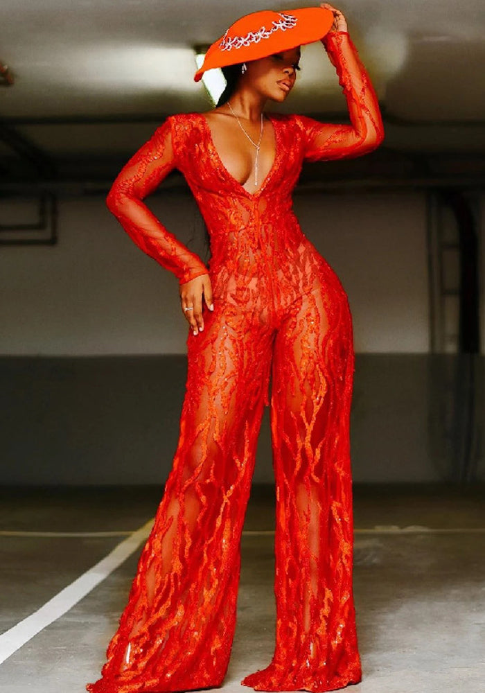 Women Sequin Halter Neck Red Flame Jumpsuit