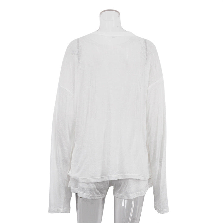 Women Spring Casual Solid See-Through Round Neck Long Sleeve Top Lace-Up Shorts Two-Piece Set 6