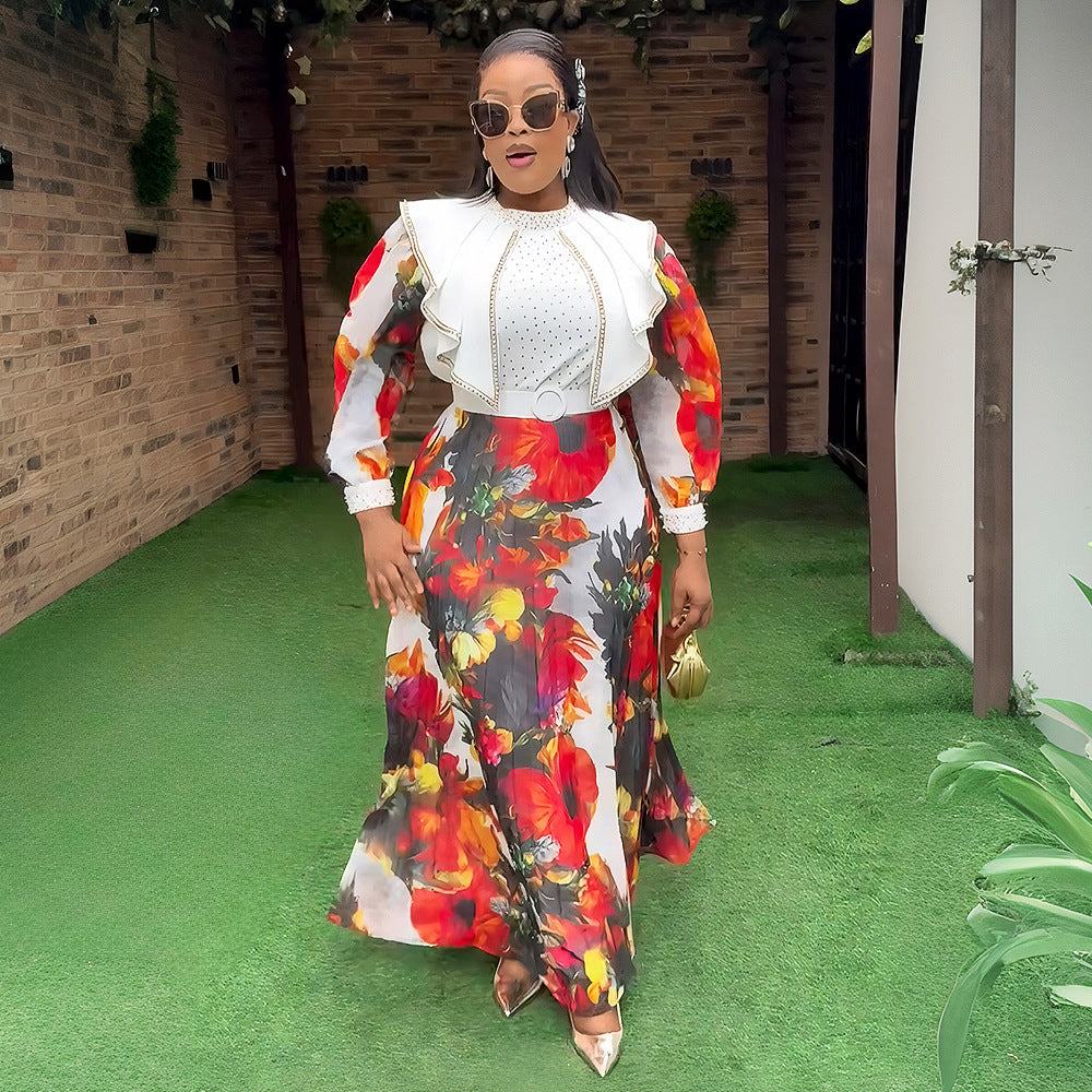 Plus Size Women African Elegant Print Long Sleeve Dress 5
