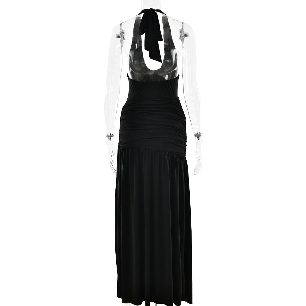 Women Halter Neck sexy slit pleated Backless jumpsuit and skirt two-piece set 15