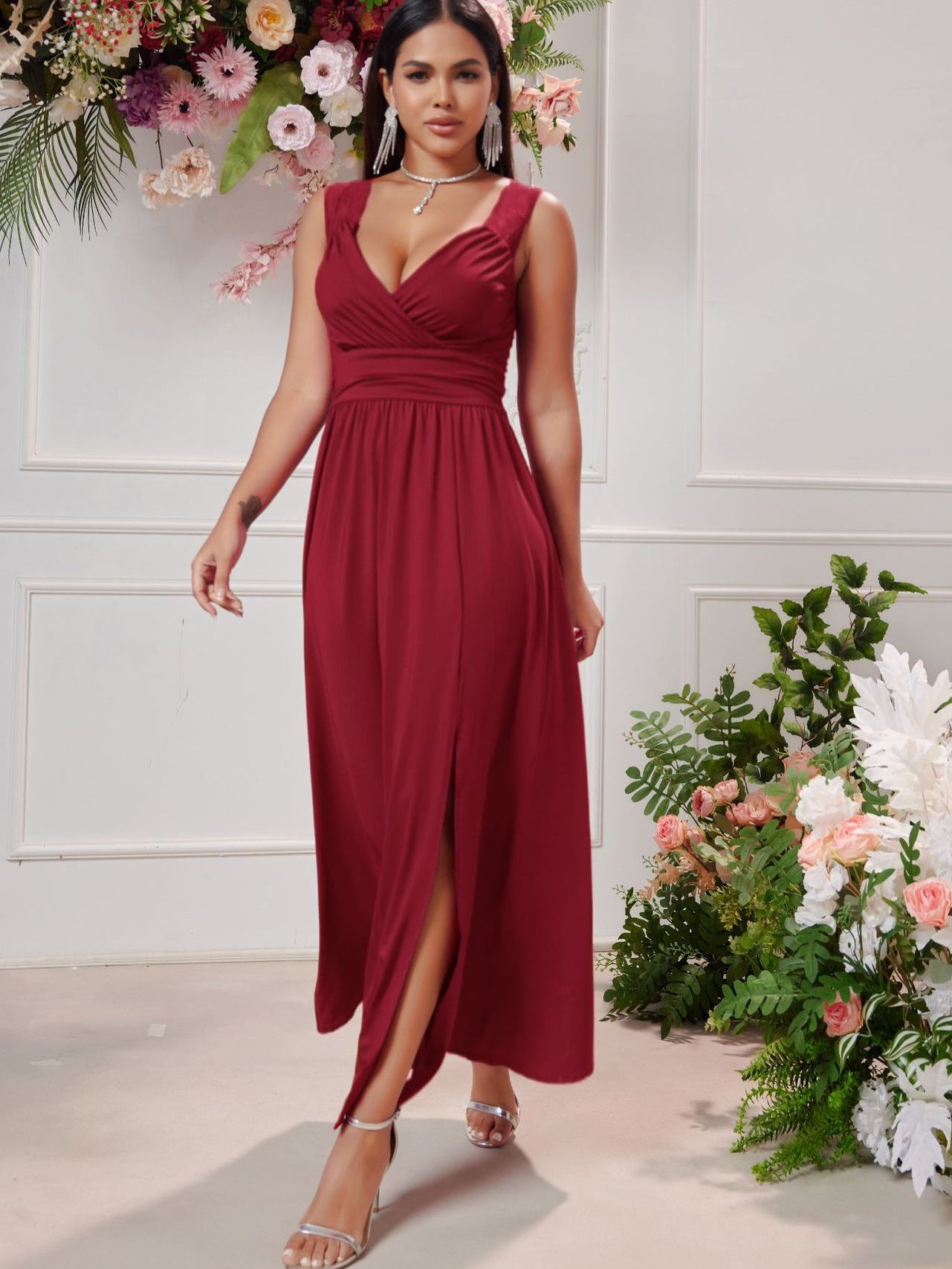 Women Sexy V-neck Sleeveless Lace Slit Dress 8