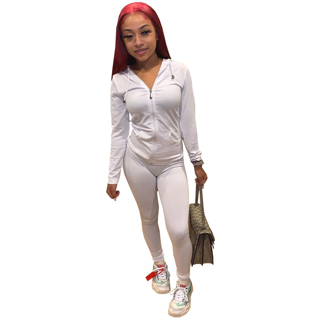 Women Summer Sports Hooded Full Sleeves Solid Pockets Regular Two Piece Pants Set 32