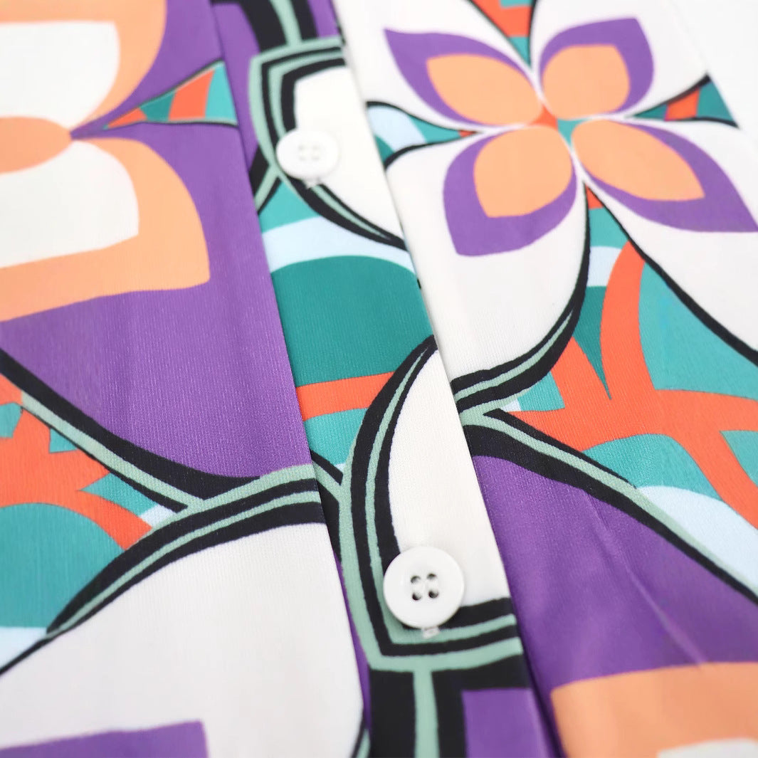 Plus Size Women's Printed Slim Waist Chic V-Neck Slit Belted Shirt Dress 7