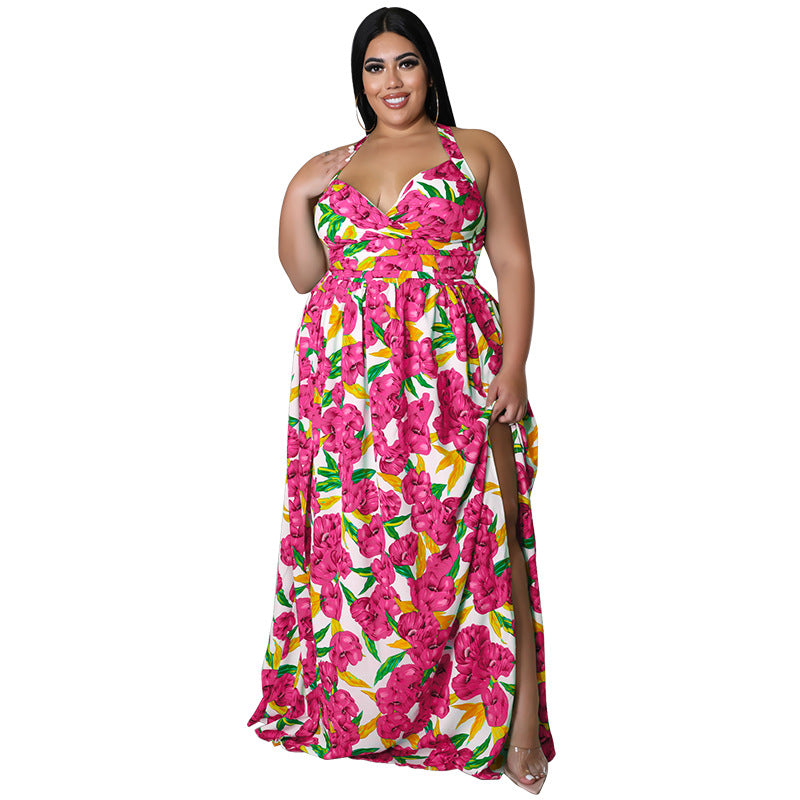 Plus Size Women's Summer Sexy Halter Low Back Print Slit Maxi Dress 12