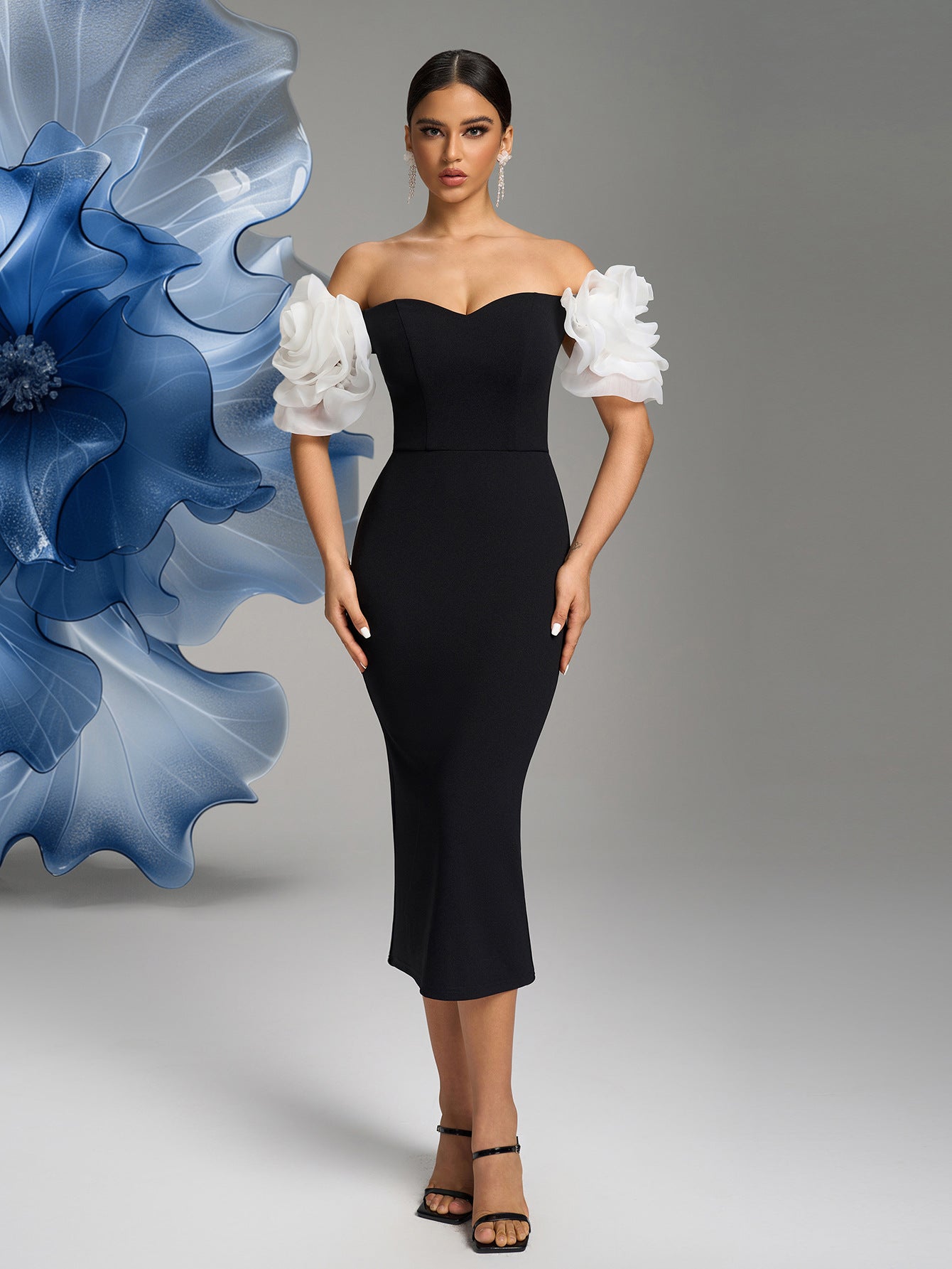 Black & White Off-Shoulder Floral Sleeve Bodycon Party Dress 6