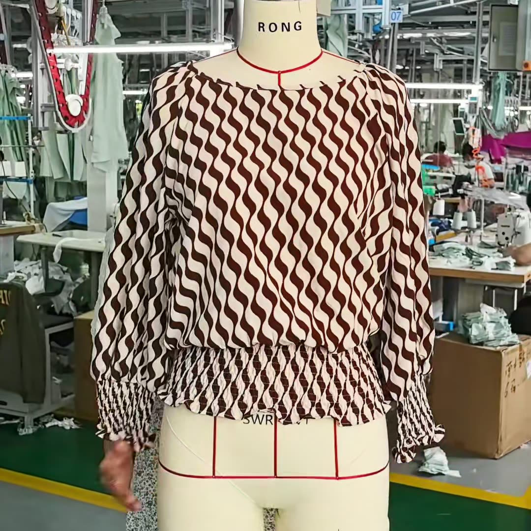 Spring Women's Lantern Sleeve Top & Slim Waist Contrast Print Long Sleeve T-Shirt 5