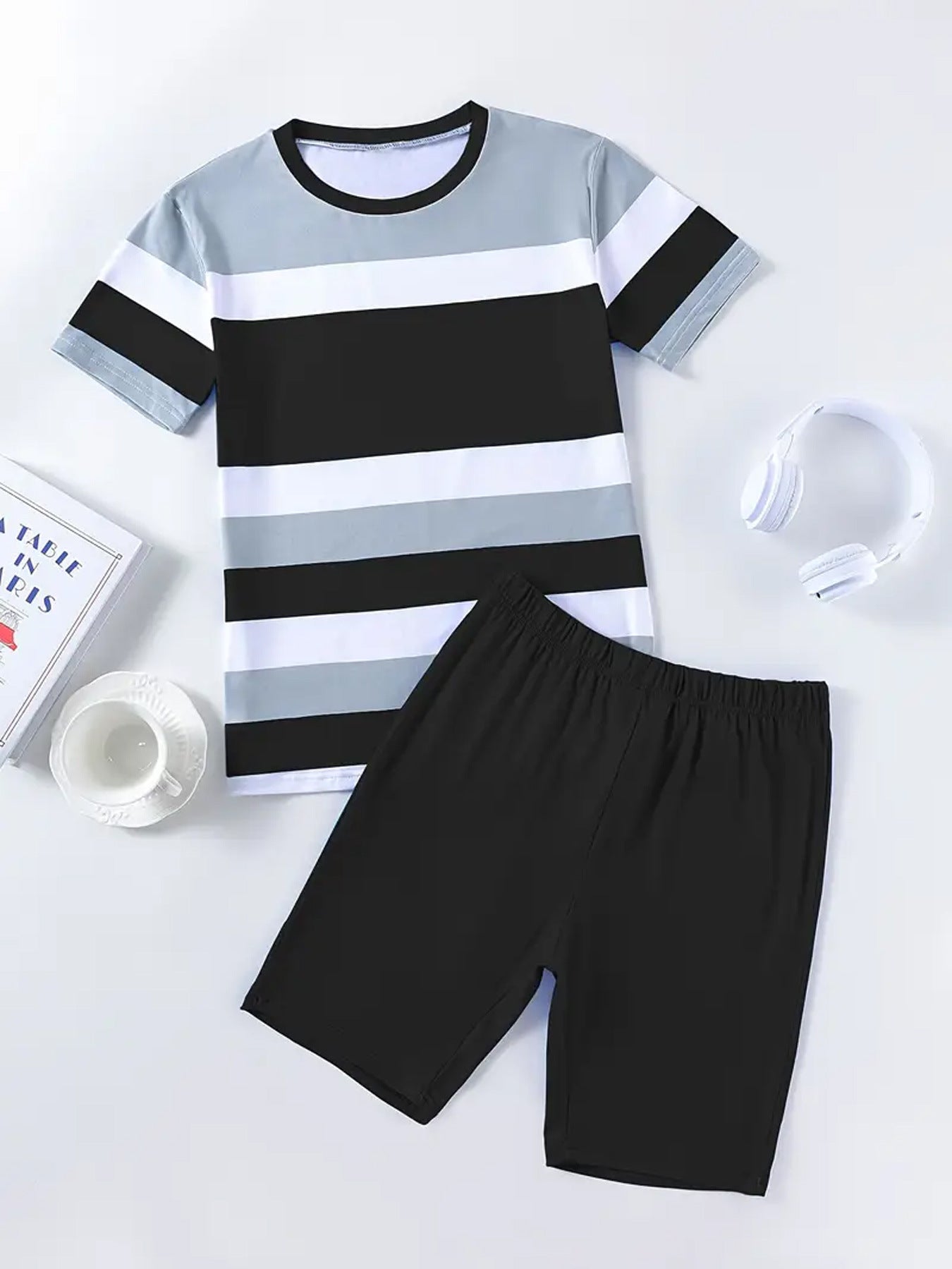 Women's Striped Print Short-Sleeve Sporty Two-Piece Shorts Set 12