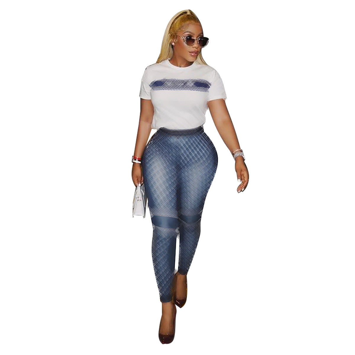 Women printed short-sleeved Top + long pants two-piece set