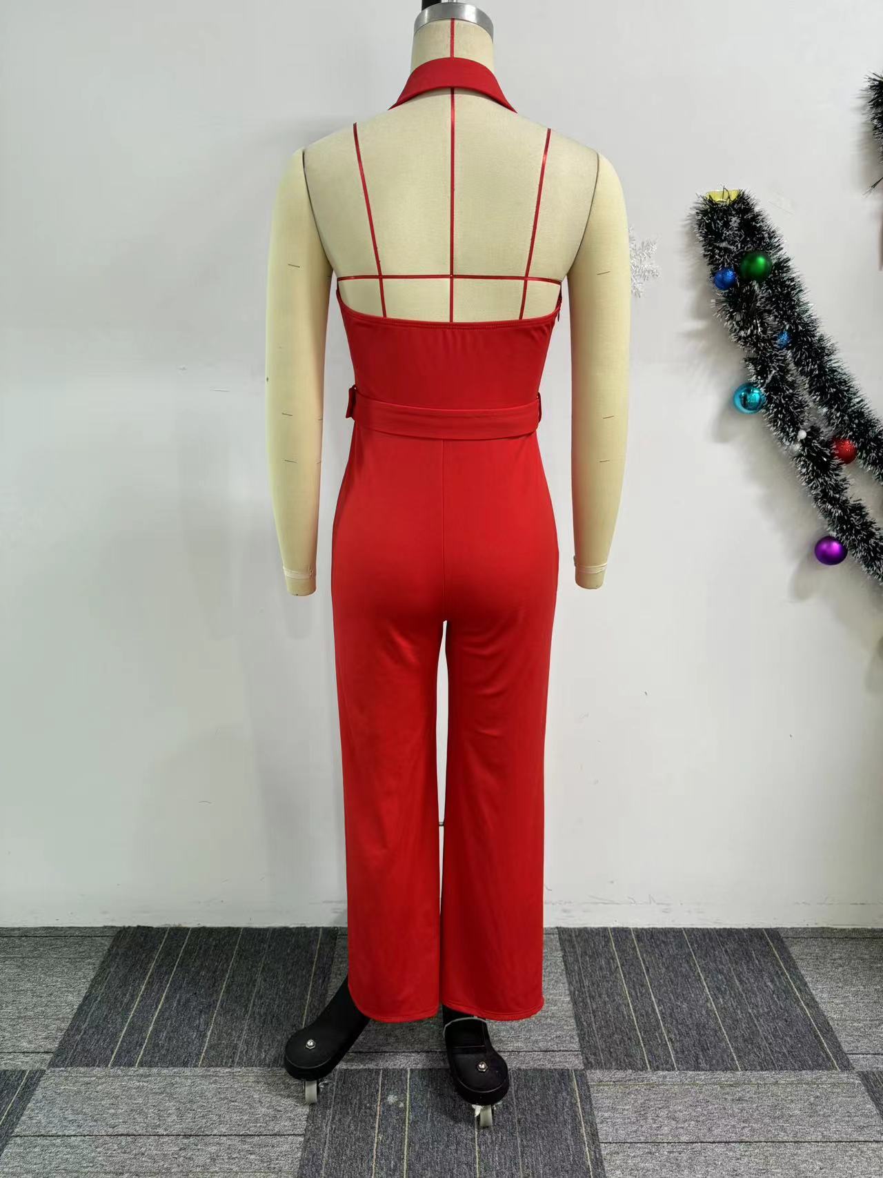 Women Halter Neck Backless V-neck button wide-leg jumpsuit 6