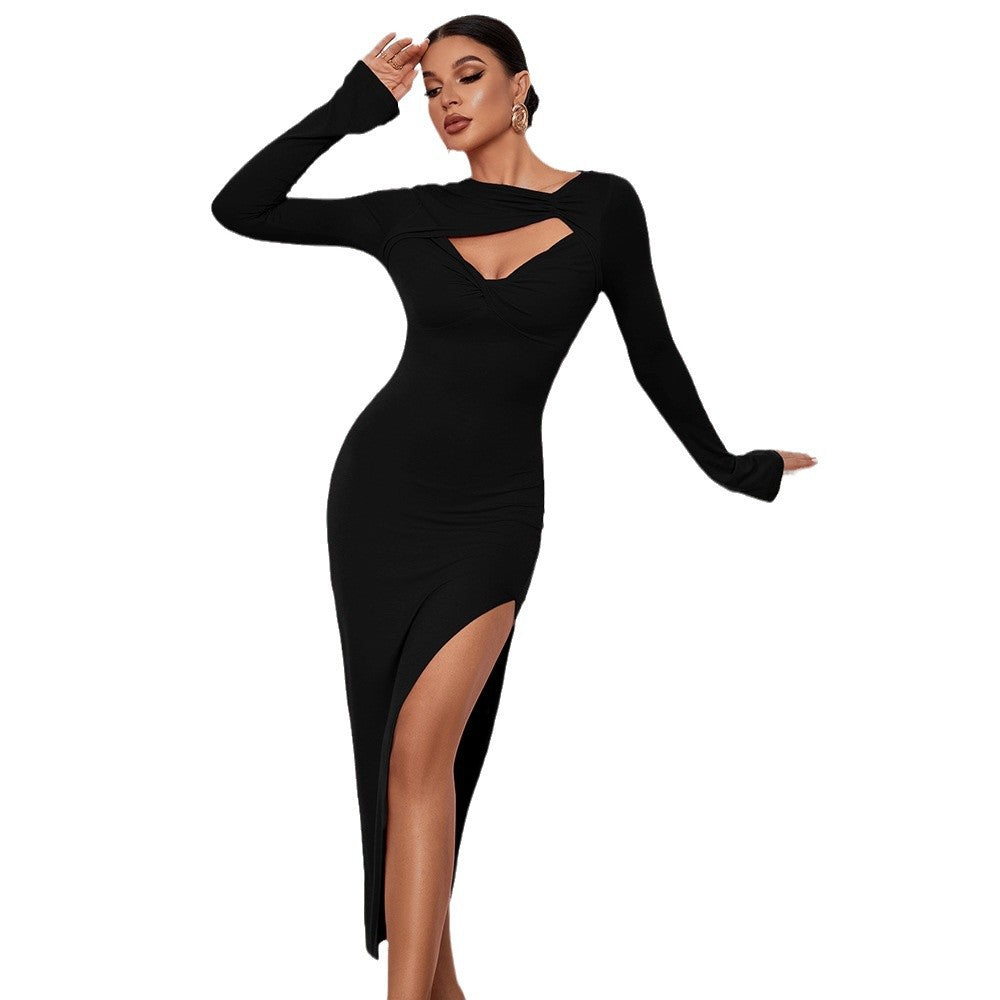 Women Hollow Knot Long Sleeve Sexy Slit Dress 7