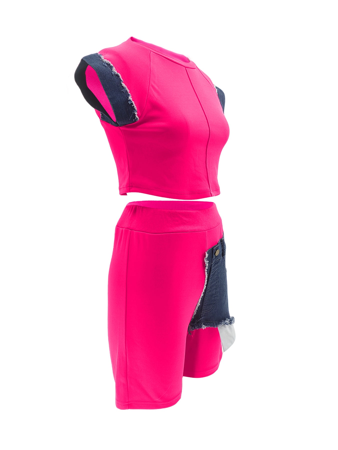 Women's Casual Denim Patchwork Short Sleeve Top Shorts Two-piece Set 13