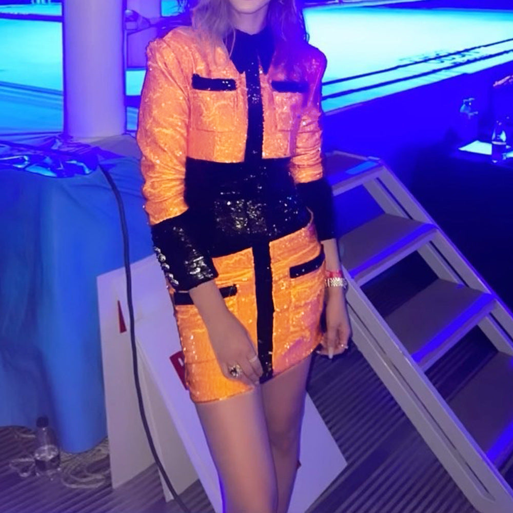 Women Sequined Color Block Party Dress