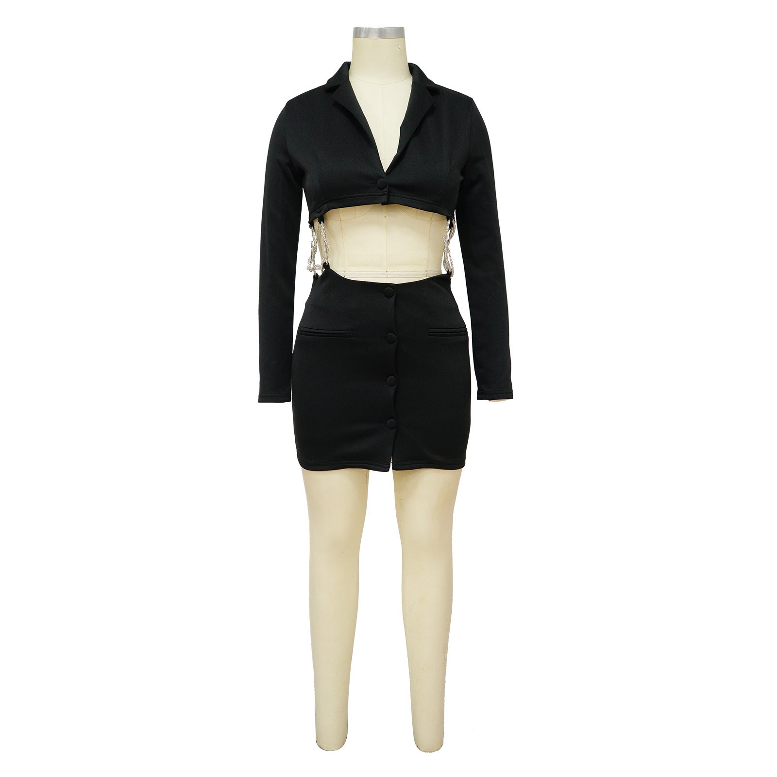 Women Deep V Neck Solid Beaded Chain Dress 15