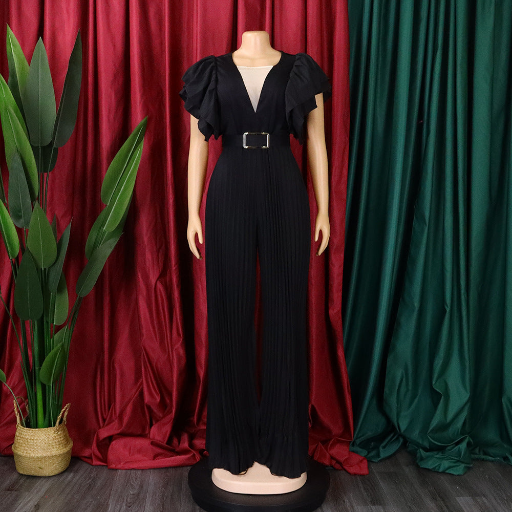 Belted Plus Size Women'smesh See-Through Sexy Pleated Wide Leg Slim Waist Jumpsuit 13