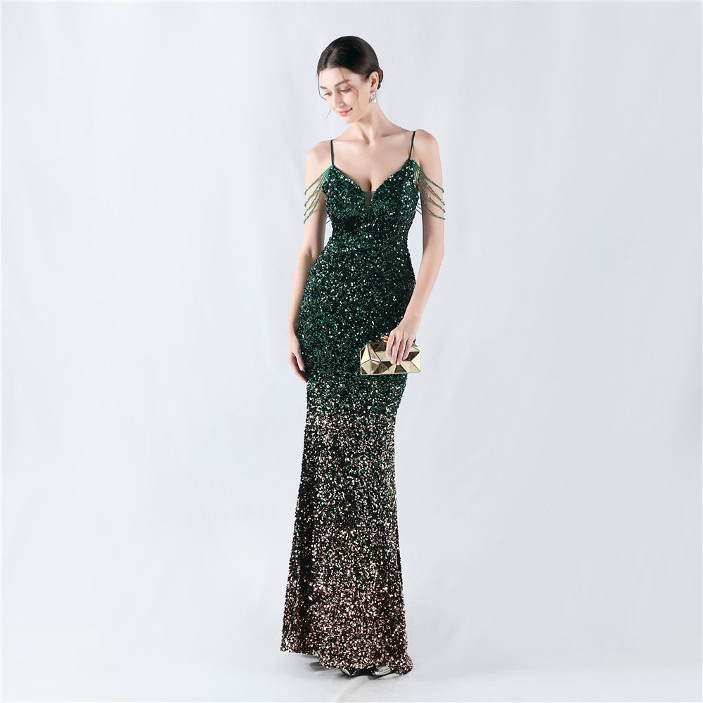 Gradient Sequins Sexy Strap Evening Dress