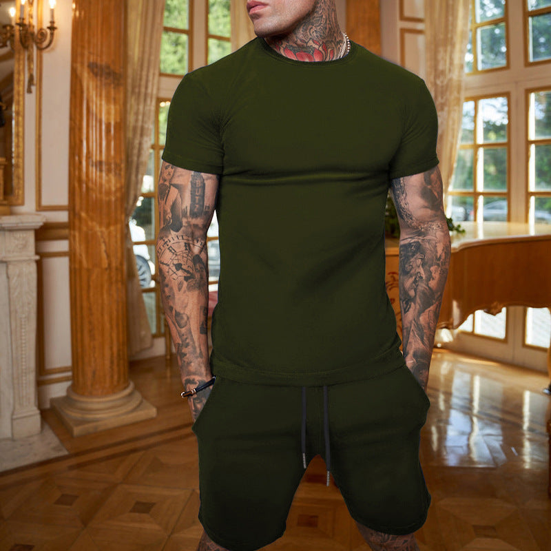 Summer Men'S Solid Color Short-Sleeved T-Shirt Shorts Sports Two Piece Suit 12