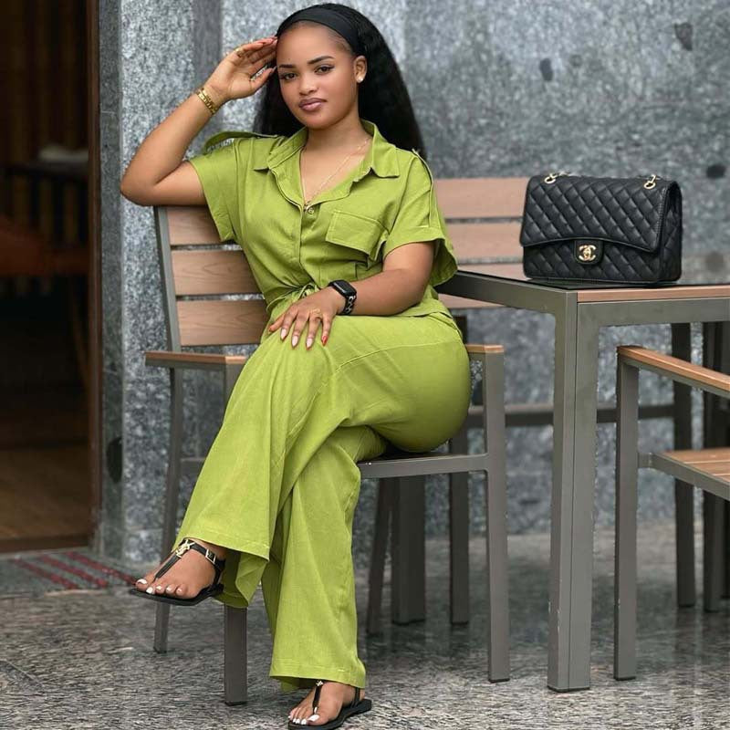 Plus Size Women Casual African Solid Turndown Collar Top and Trousers Two-piece Set 6