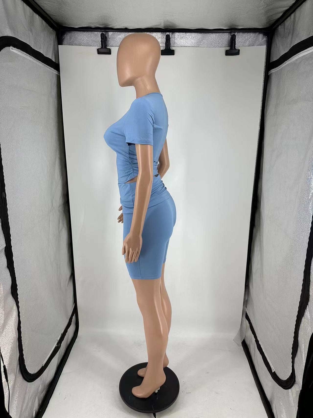 Women's Summer Short Sleeve Round Neck Casual Two-Piece Shorts Set 14