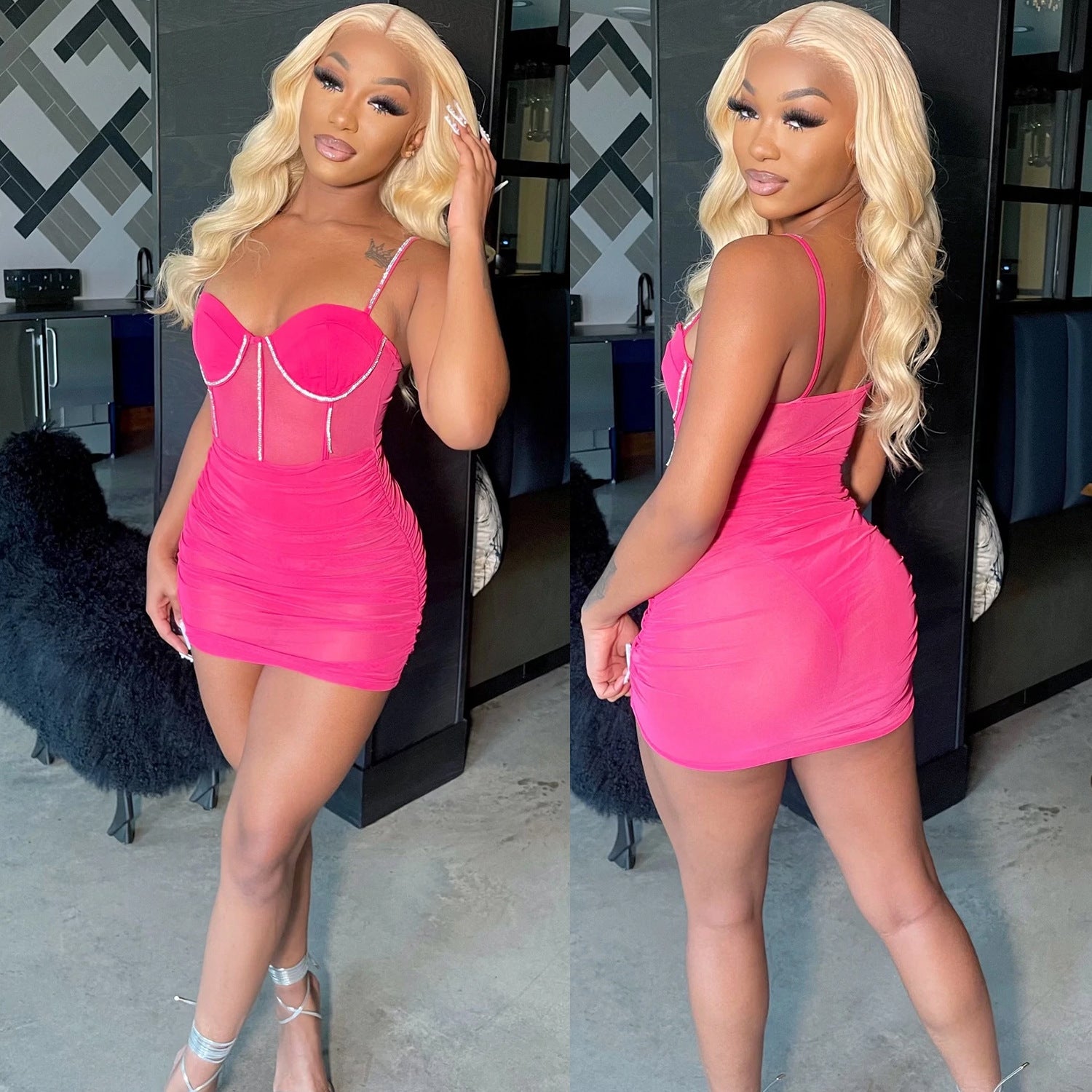 Summer Women's Sexy Tight Fitting Mesh See-Through Diamond Strap Dress 4