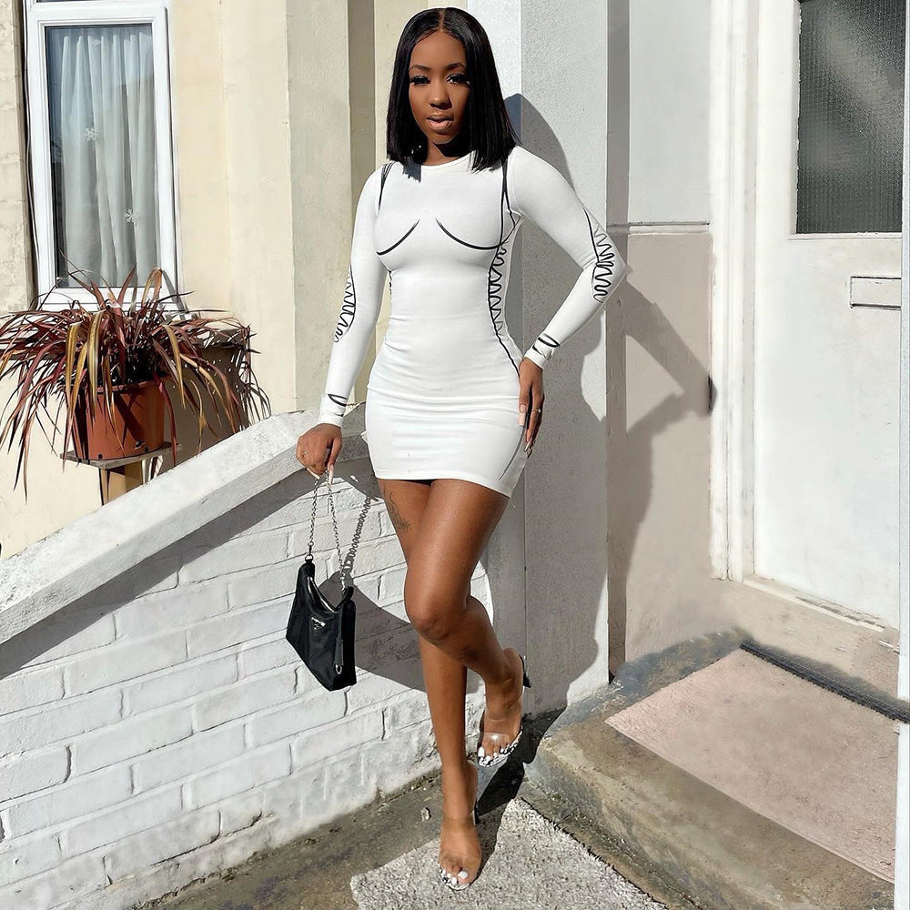 Fashionable Autumn Women's Sexy Slim Fit Round Neck Long Sleeve Dress 3