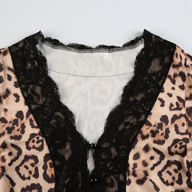 Women Leopard Lace Hollow Lace Sexy V-Neck T-Shirt Top 12