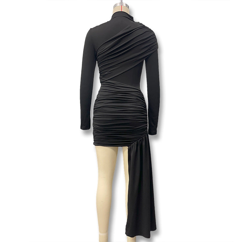 Women's Autumn Fashion Slim Fit Round Neck Long Sleeve Shirred Bodycon Irregular Ribbon Dress 14