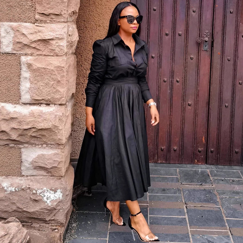 Women Long Sleeve Turndown Collar African Elegant Black Dress 3