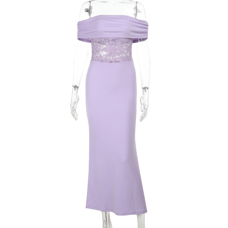 Women Strapless Off Shoulder Lace Patchwork Dress 7