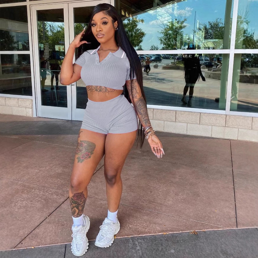 Women's Sports Casual Cropped Top Shorts Solid Color Two-piece Set 6