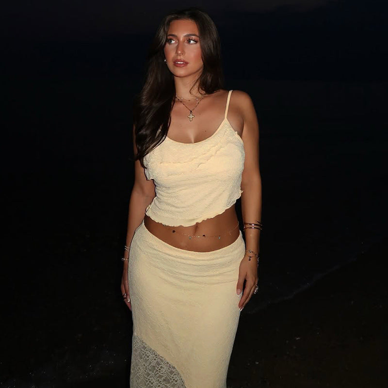 Women Summer Lace See-Through Ruffle Edge Crop Top and Skirt Two Piece Set 5