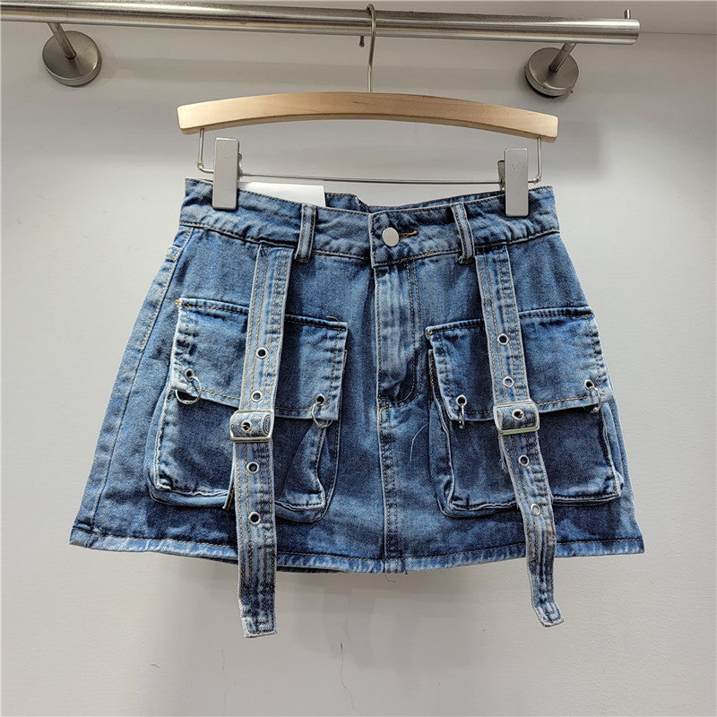 Women Retro Pink Pocket Sleeveless Vest + Cargo Denim Skirt Two-piece Set 14