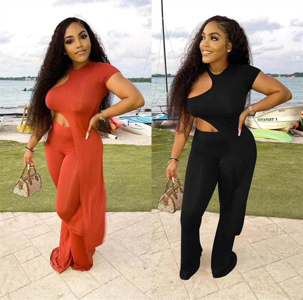 Women sexy asymmetrical Solid Top and Pant two-piece set 4