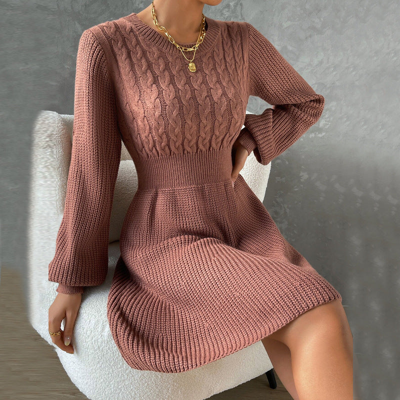 Women's Spring And Autumn And Winter Slim Waist Long-Sleeved Sweater Dress