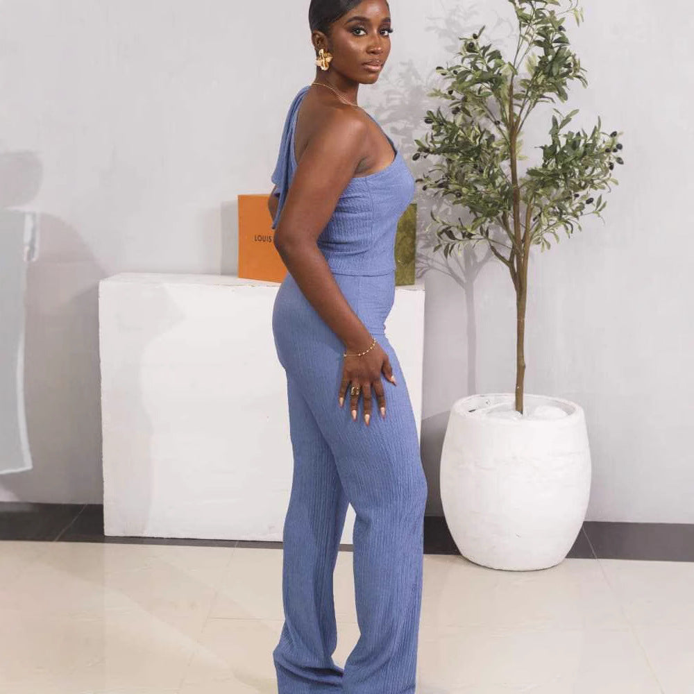 Women's Spring Summer Solid Color Sleeveless Slash Shoulder Top Slim Pants Two-Piece Set 3