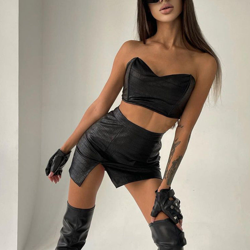 Women Sexy Pu-Leather Strapless Crop Top and Slit Skirt Two-Piece Set 5
