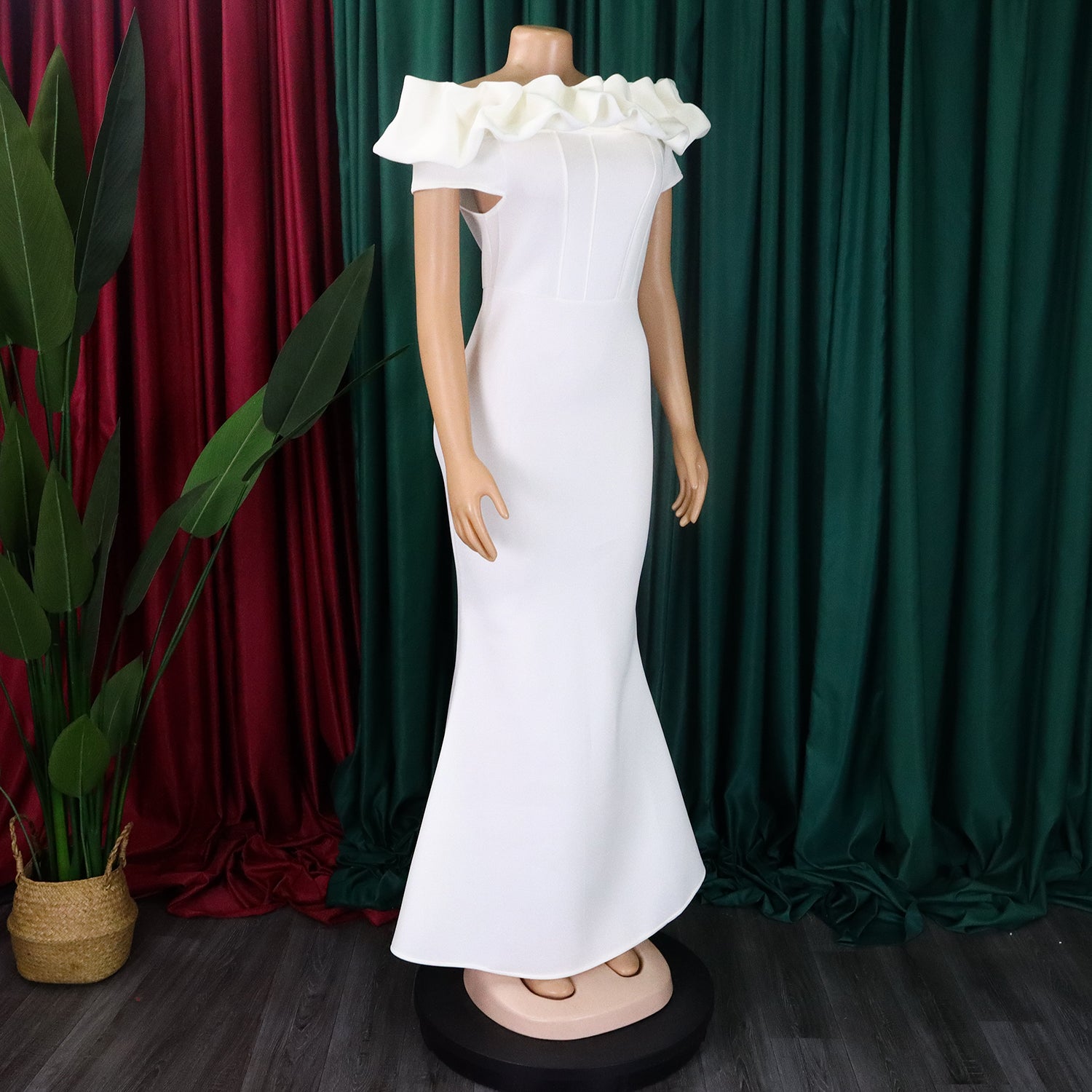 Women's Fashion Summer Solid Color Off Shoulder Mermaid Maxi Evening Dress 33