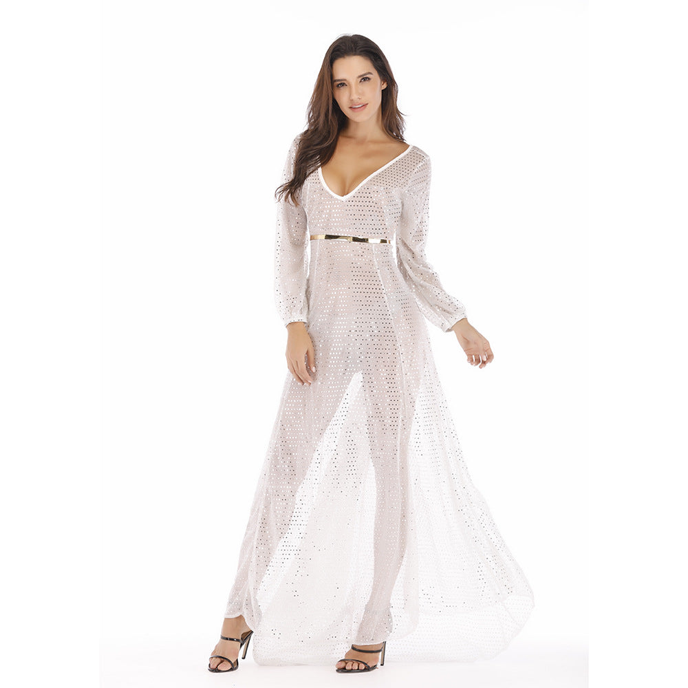 Women's  V-Neck Long Sleeve Sparkling Mesh Long Sexy Nightclub Dress For Women 6