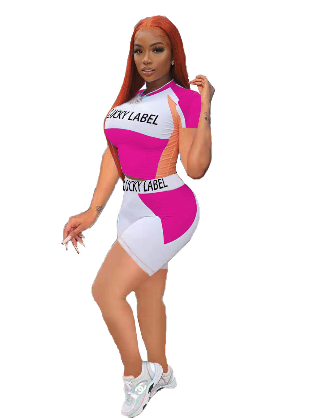 Women's Letter Colorblock Print Short Sleeve Shorts Tracksuit 9