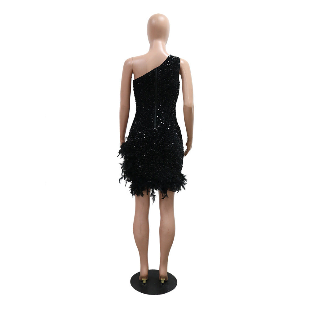 Fashion Slash Shoulder Feather Sequin Slit Club Dress 10